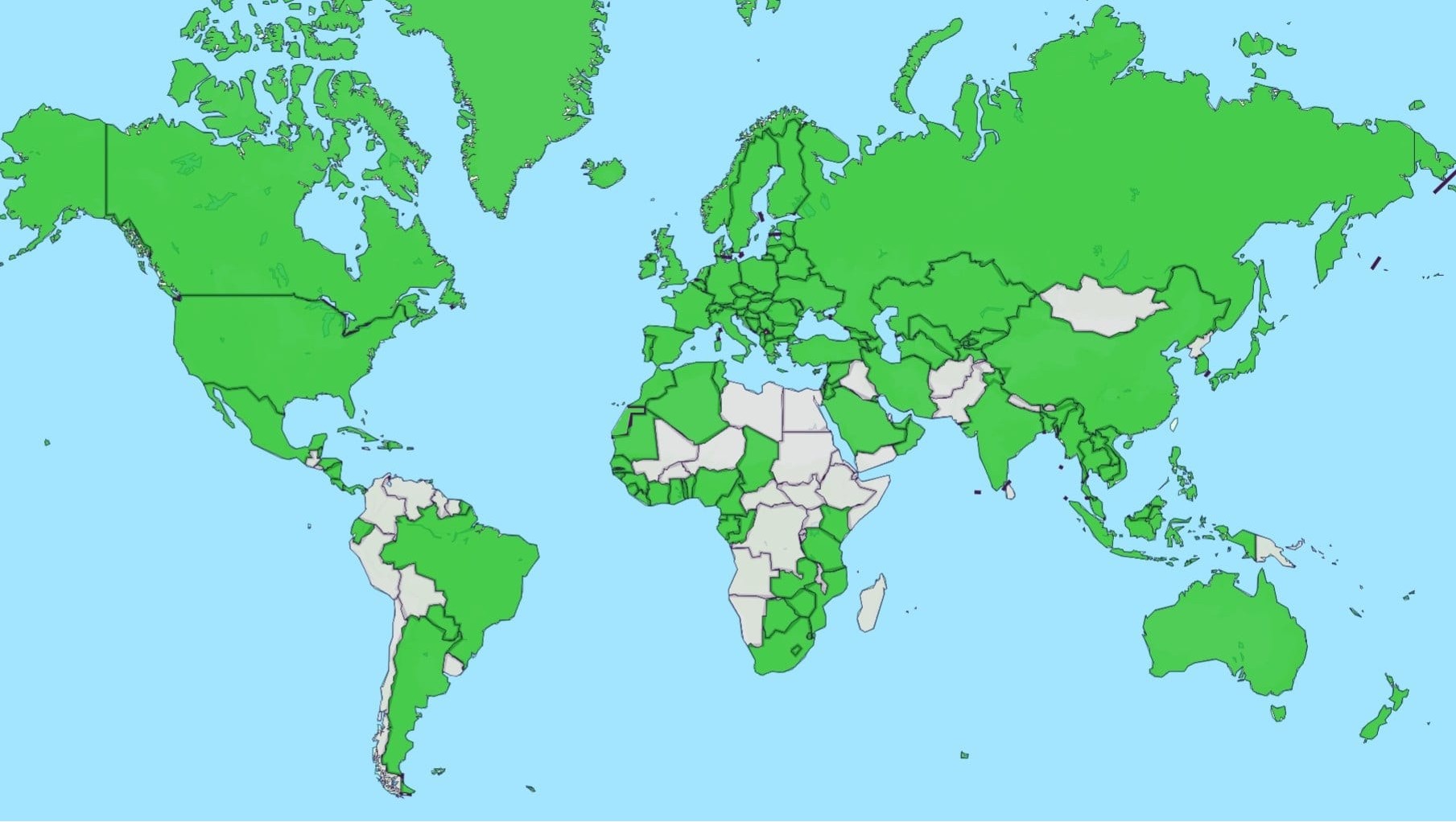 World map highlighting countries where trips were planned and tested in person