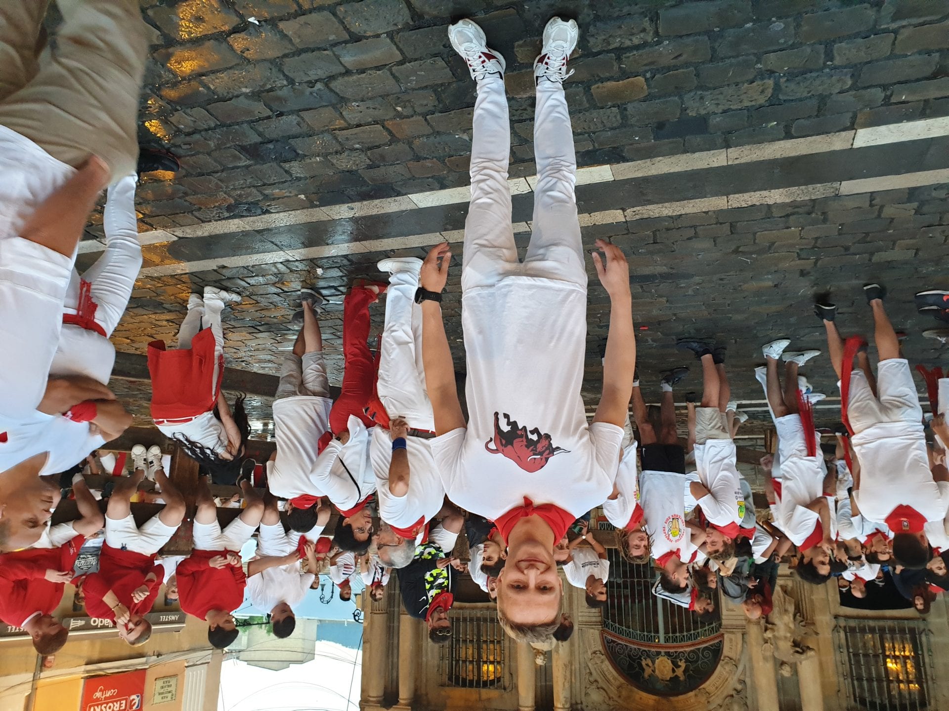 Running of the bulls street scene in Pamplona, Spain